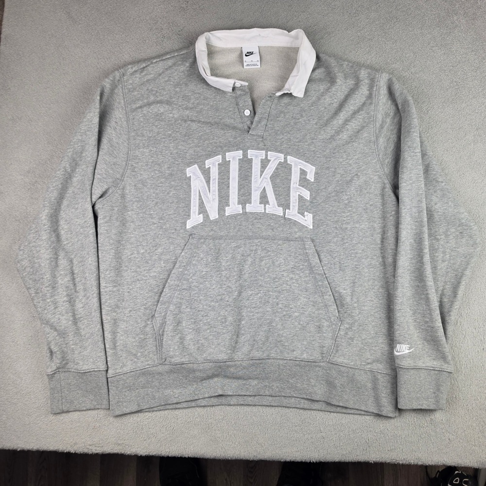 Nike Rugby Sweatshirt Mens XL Pullover Applique Logo Pocket Gray Long Sleeve